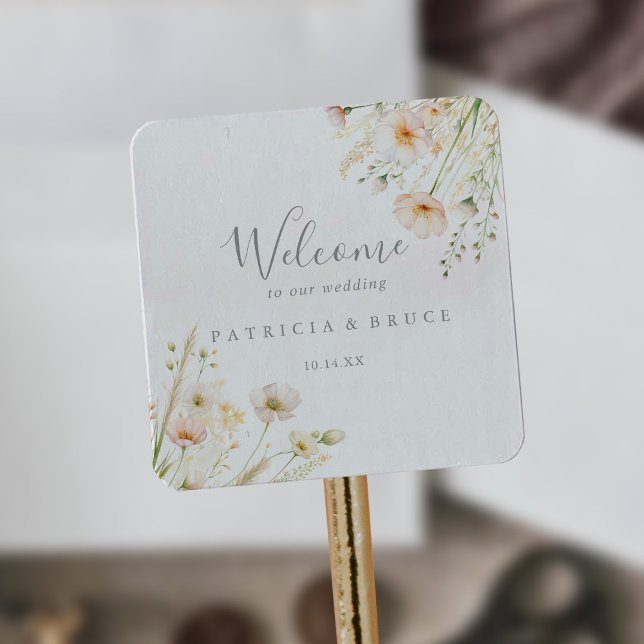 Adesivo Quadrado Boho Clássico Blush Wildflower Wedding Bem-vindo (Criador carregado)