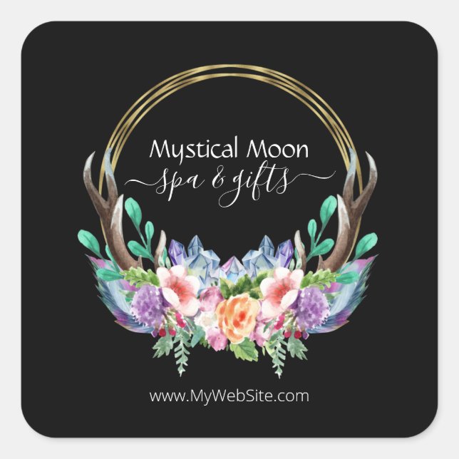 Adesivo Quadrado Boho Dourado Crystal Cluster Flowers Feather Busin (Frente)