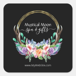 Adesivo Quadrado Boho Dourado Crystal Cluster Flowers Feather Busin