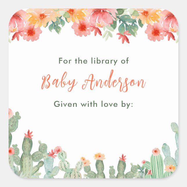 Adesivo Quadrado Boho Floral Cactus Baby Library Bookplate (Frente)
