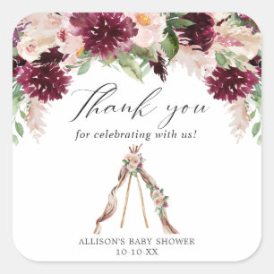 Adesivo Quadrado Boho floral obrigado de marsala rosa