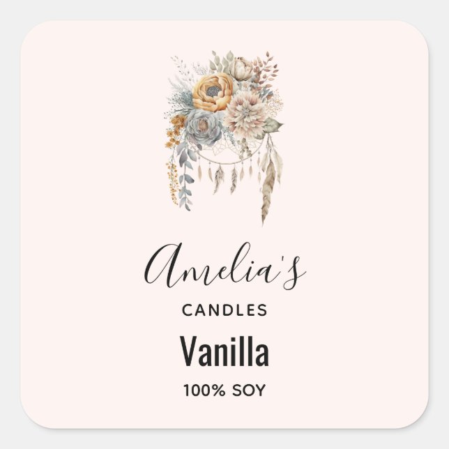 Adesivo Quadrado Boho Flowers e Dreamcatcher - Empresa de Velas (Frente)