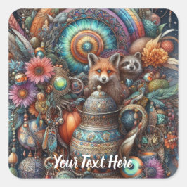 Adesivo Quadrado Boho Fox Raccoon Floral Design