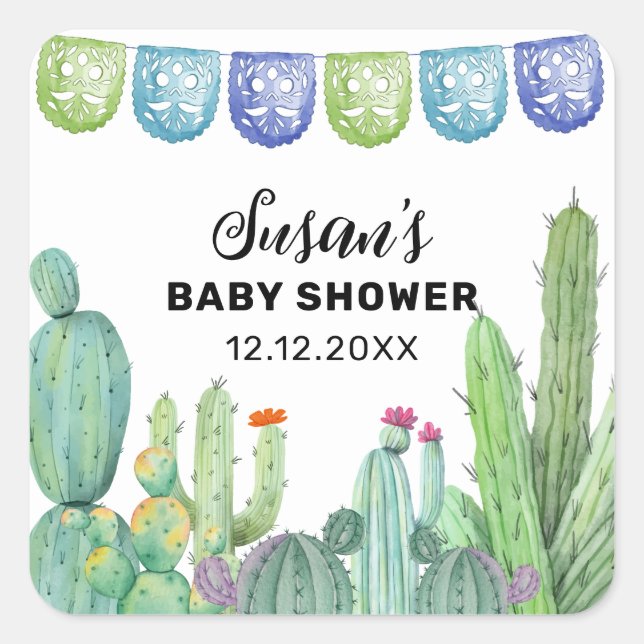 Adesivo Quadrado Boho Greenery Taco Fiesta Cactus Chá de fraldas (Frente)