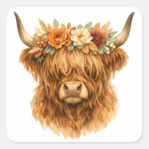 Adesivo Quadrado Boho Highland Cow Almofada de Arremesso com Coroa 