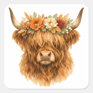 Adesivo Quadrado Boho Highland Cow Almofada de Arremesso com Coroa