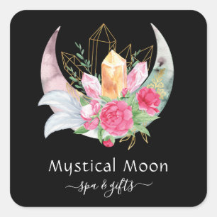 Adesivo Quadrado Boho Lua Cristais Penas Flores Rosa Esotérico