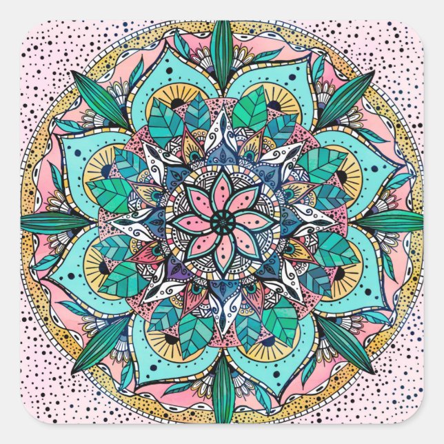 Adesivo Quadrado Boho Mandala Colorida Watercolor Floral (Frente)