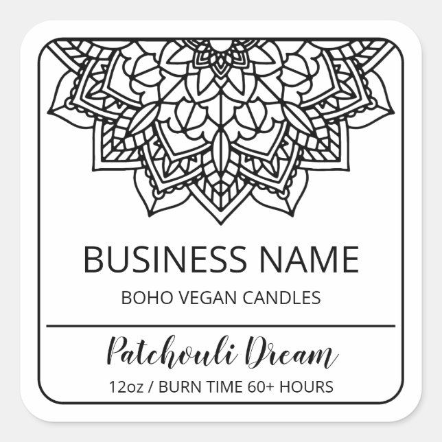Adesivo Quadrado Boho Mandala White Soy Candle Labels (Frente)