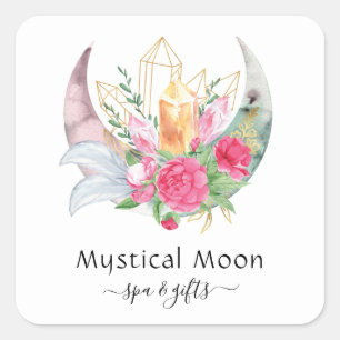Adesivo Quadrado Boho Moon Crystals Feather Cartão de visita
