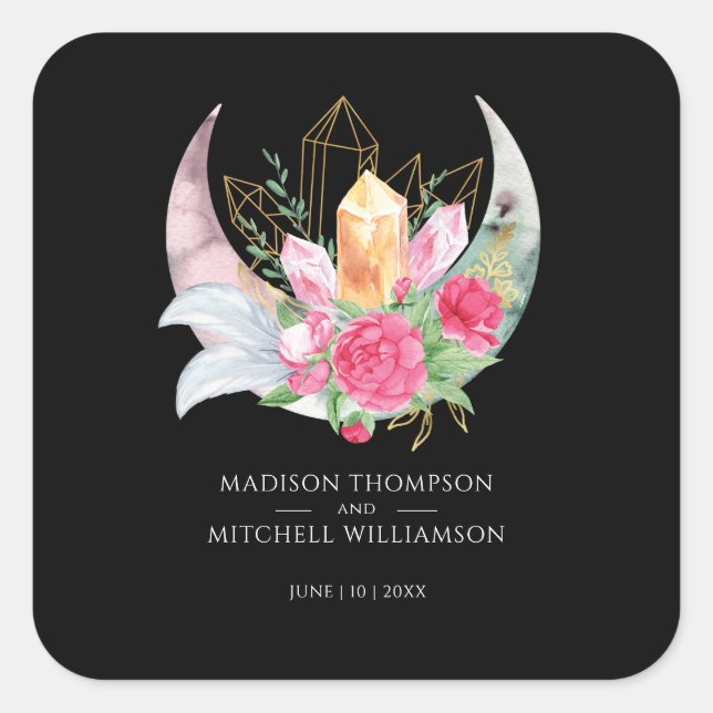 Adesivo Quadrado Boho Moon Crystals Penas Flores Rosa Casamento (Frente)