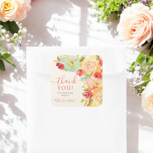 Adesivo Quadrado Boho Outono floral em aquarela obrigada chá de noi (Boho Fall floral watercolor bridal shower thanks Square Sticker)
