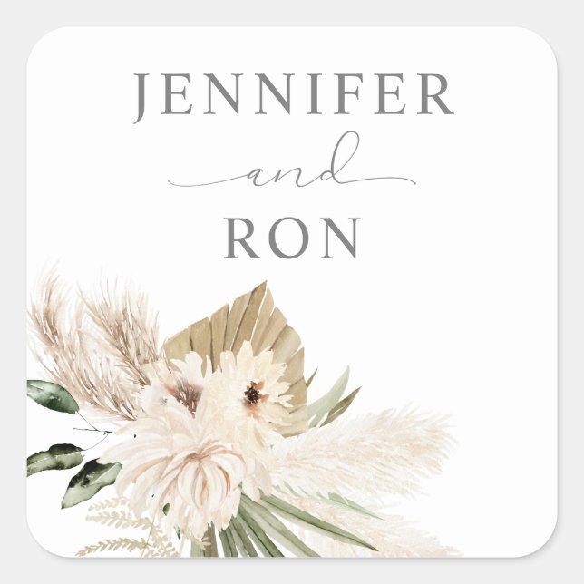 Adesivo Quadrado Boho Pampas Grass & Beige Floral Square Sticker 1 (Frente)