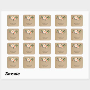 Adesivo Quadrado Boho Pena Floral Logotipo Falso Kraft Personalizad