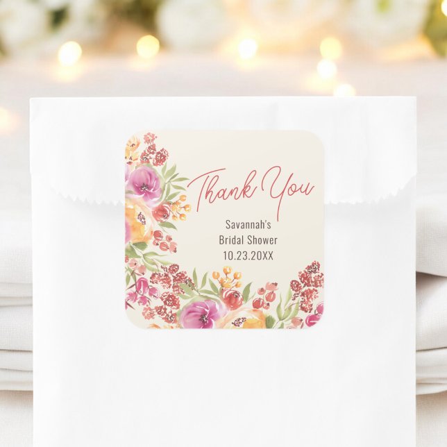 Adesivo Quadrado Boho Pintado Chá de panela Floral Obrigado (Boho Painted Floral Bridal Shower Thank You Square Sticker)