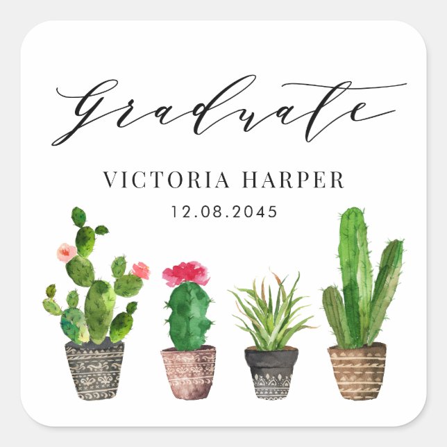 Adesivo Quadrado Boho Potted Succulents and Cactus Graduation (Frente)