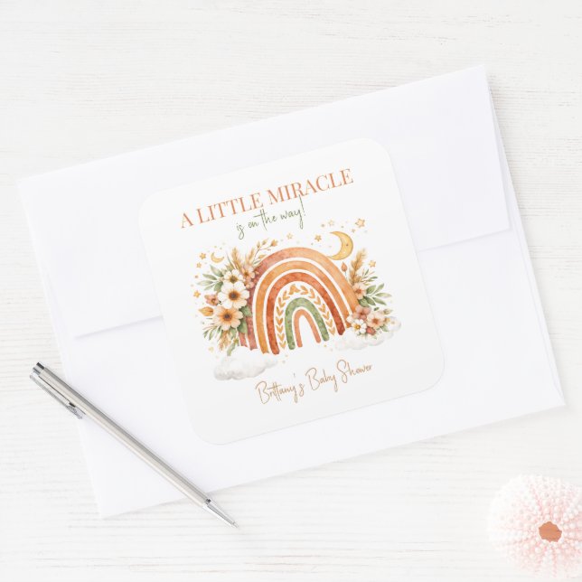 Adesivo Quadrado Boho Rainbow Modern Baby Shower  (Envelope)
