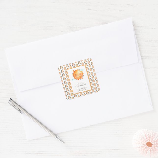 Adesivo Quadrado Boho Raio De Sol Arco-Íris Chuveiro De Bebê Obriga (Envelope)