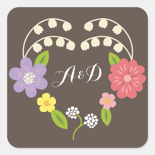 Adesivo Quadrado Boho Rustic Floral Wreath Wedding (Frente)