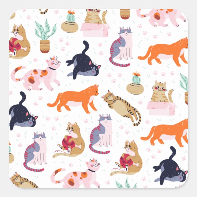 Adesivo Quadrado Boho Summer Cute Cats Green Cactus (Frente)