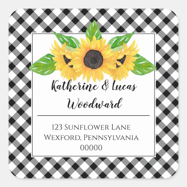 Adesivo Quadrado Boho Sunflowers | BW Buffalo Checks Endereço de De (Frente)