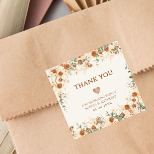 Adesivo Quadrado Boho Terracotta Casamento Floral Obrigado