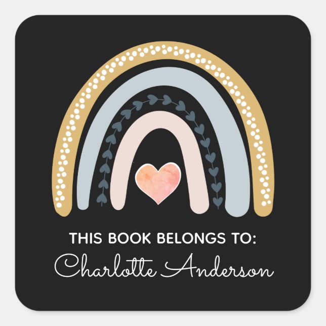 Adesivo Quadrado Boho Watercolor Rainbow Bookplate (Frente)