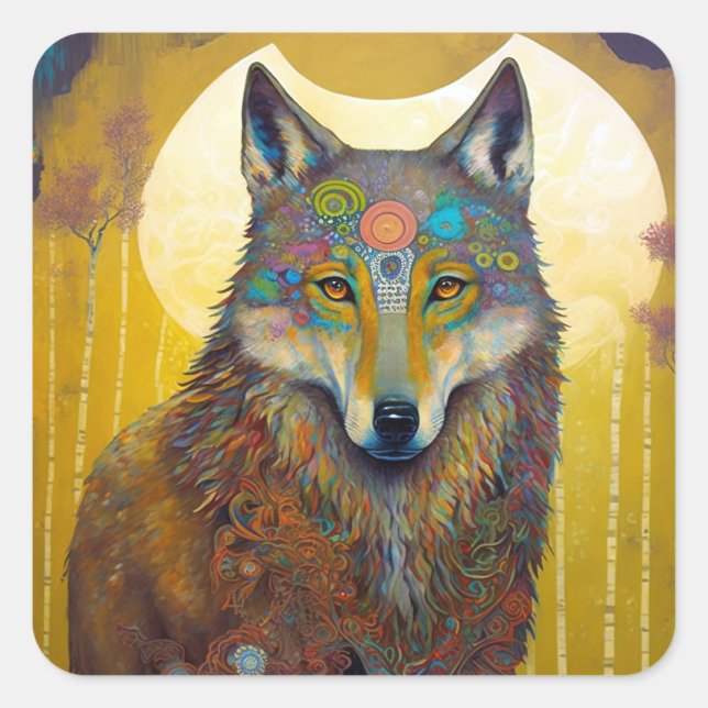 Adesivo Quadrado Boho Wolf Surreal Willife Art (Frente)