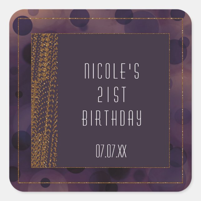 Adesivo Quadrado Bokeh Glam Purple e Dourados Favor Stickers (Frente)