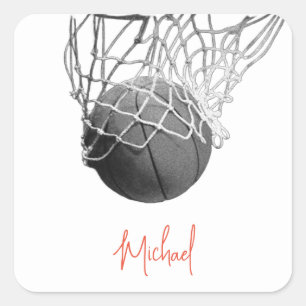 Adesivo Quadrado Bola de Basquete Preta e Branca & Seu Nome na Rede