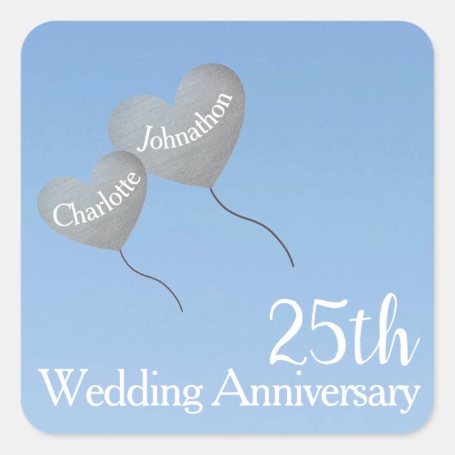 Adesivo Quadrado Bola de prata de aniversário de 25 anos de casamen (Frente)