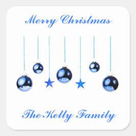 Adesivo Quadrado Bolas de decoração de Natal Azul com texto