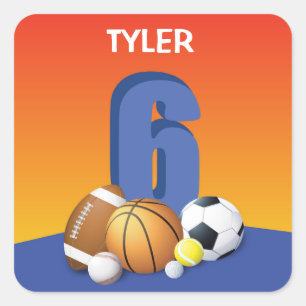 Adesivo Quadrado Bolas de Esportes de Aniversário para 6