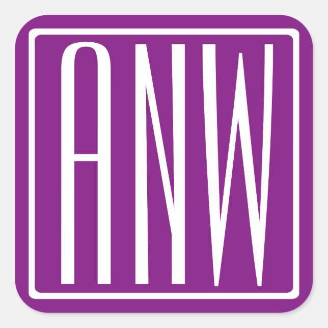 Adesivo Quadrado Bold Modern 3 Iniciais Monograma | Branco e Roxo (Frente)