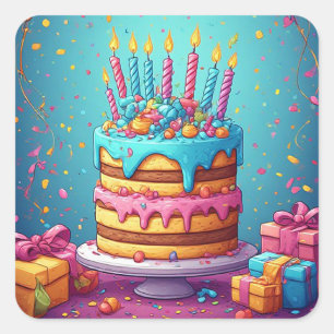 Adesivo Quadrado 🎂 Bolo de Aniversário Colorido e Presentes 🎁