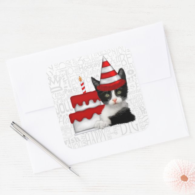 Adesivo Quadrado Bolo de Aniversário com Gatinho Preto e Branco (Envelope)