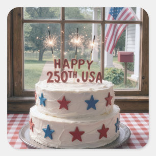 Adesivo Quadrado Bolo de Aniversário de 250 anos dos EUA com Faísca
