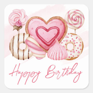 Adesivo Quadrado Bolo de Aniversário de Cookies e Doces Rosa Aquare