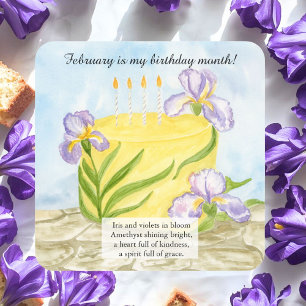 Adesivo Quadrado Bolo de Aniversário de Íris de Fevereiro Feliz