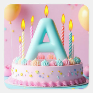 Adesivo Quadrado 🎂 Bolo de Aniversário Letra A Velas Tema Infantil