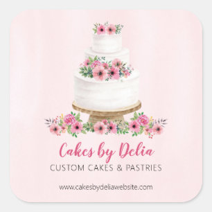 Adesivo Quadrado Bolo de Casamento com Aquarela Rosa Promocional