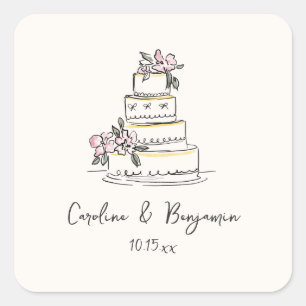 Adesivo Quadrado Bolo de Casamento Personalizado com Desenho à Mão