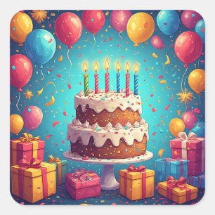 Adesivo Quadrado 🎂 Bolo de Celebração de Aniversário Com Confetes 