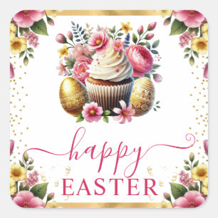 Adesivo Quadrado Bolo de Páscoa com Flores de Primavera em Aquarela