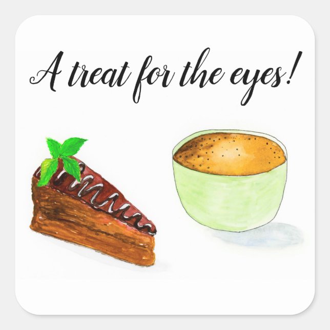 Adesivo Quadrado Bolo E Café De Chocolate Com Aquarelas (Frente)