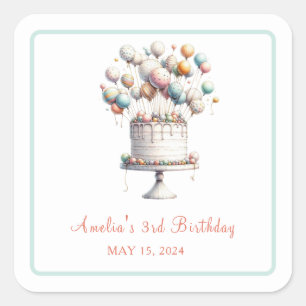 Adesivo Quadrado Bolo surrealista de aniversário e balões personali