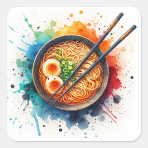 Adesivo Quadrado Bolsa de Ramen Noodles, Ovos e Chopsticks