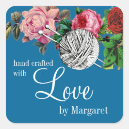 Adesivo Quadrado Bolsas de tricô de fio agulhas de pinagem rosas de