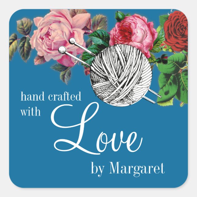 Adesivo Quadrado Bolsas de tricô de fio agulhas de pinagem rosas de (Frente)