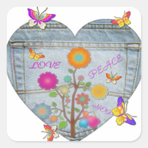 Adesivo Quadrado Bolsos de Jeans Coração Flores Borboletas